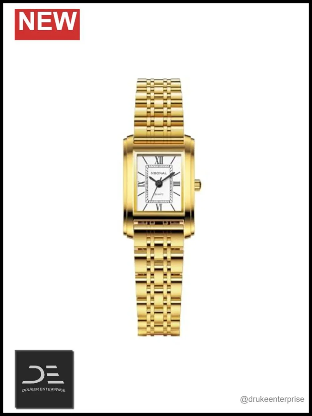 Vintage Rectangle Wrist Watch with Roman Dial, Quartz Movement, Gold Stainless